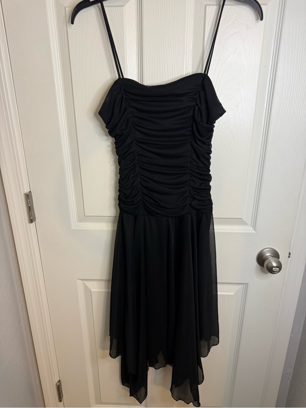 My Michelle Black Spaghetti Strap Ruched Handkerchief-Hem Dress